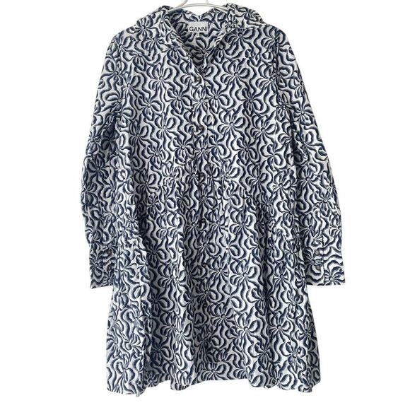 GANNI Printed Cotton Mini Shirt Dress Navy Blue SIZE 38 - Picture 8 of 8